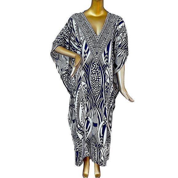 O/S Caftan tan and navy with gold glitter embellishment around neckline - Picture 1 of 7